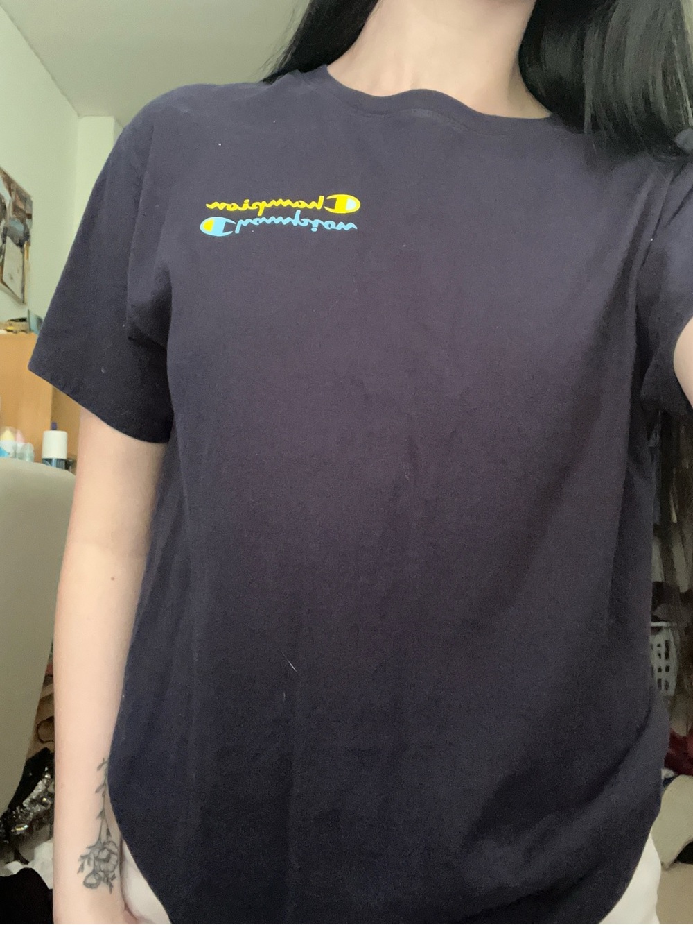 Champion Women's Navy Short Sleeve Tee with Yellow & Light Blue Logo